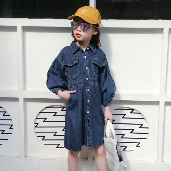 Rochie de blugi pentru copii cu maneci largi si talie elastica
