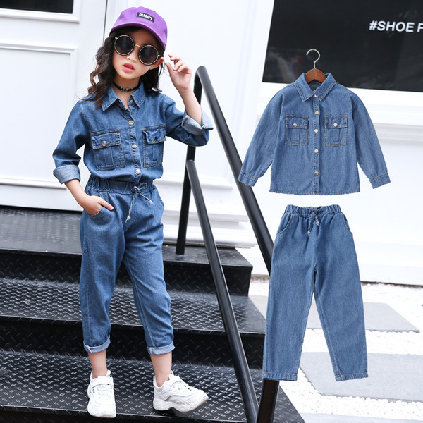 Set modern pentru copii pentru o fată în două părți - cămașă din denim și blugi cu talie elastică