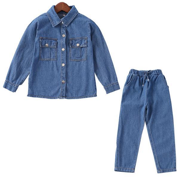 Set modern pentru copii pentru o fată în două părți - cămașă din denim și blugi cu talie elastică