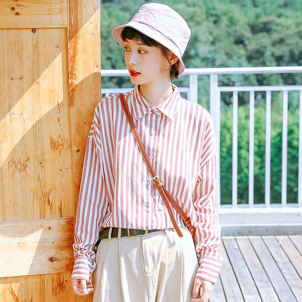 Cămașă casual de damă cu mâneci lungi și dungi roșii și albe