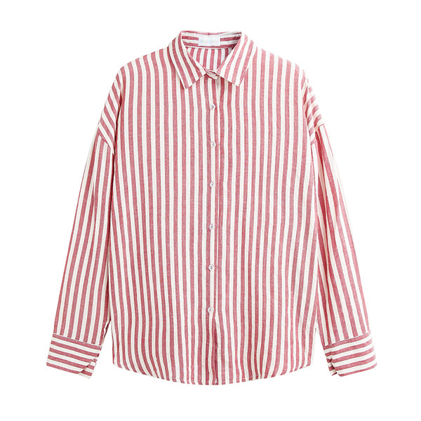 Cămașă casual de damă cu mâneci lungi și dungi roșii și albe