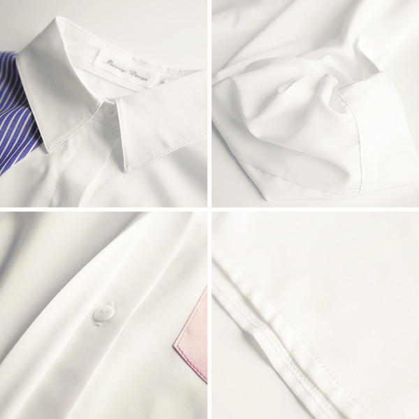 Modern női fehér ing zsebbel és kék csíkos ujjal