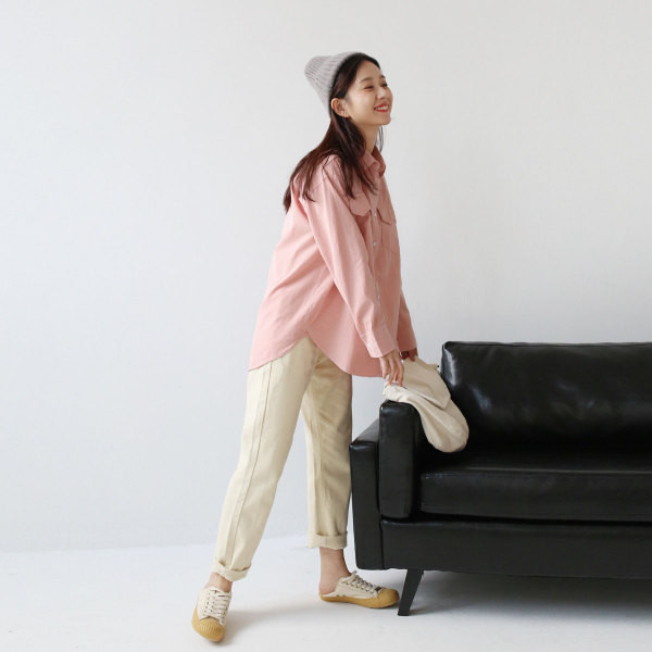 Cămașă lungă roz casual de damă cu două buzunare