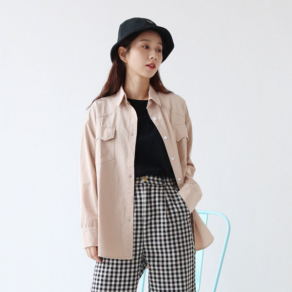 Cămașă lungă roz casual de damă cu două buzunare