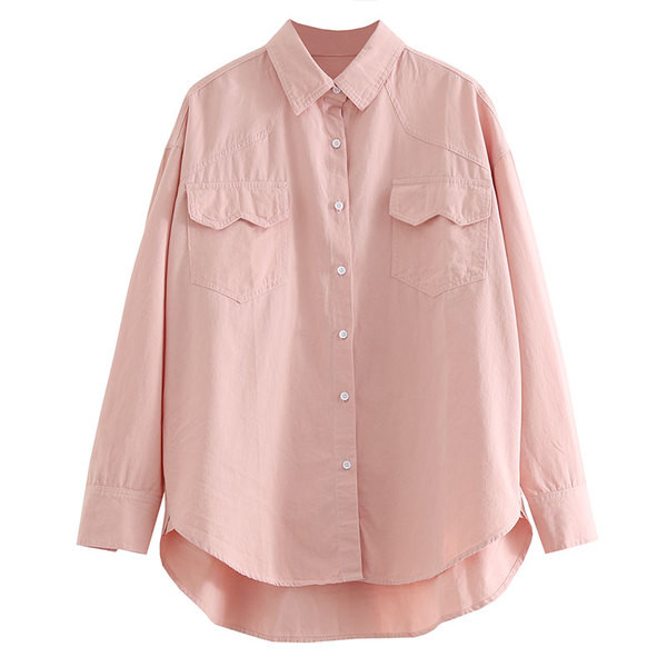 Cămașă lungă roz casual de damă cu două buzunare