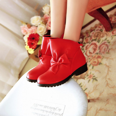 Модерни дамски боти от еко кожа с панделка