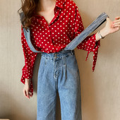 Cămașă roșie modernă de damă cu puncte albe