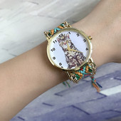 Ceas de dama cu curea impletita si aplicatie in mai multe culori
