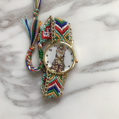 Ceas de dama cu curea impletita si aplicatie in mai multe culori