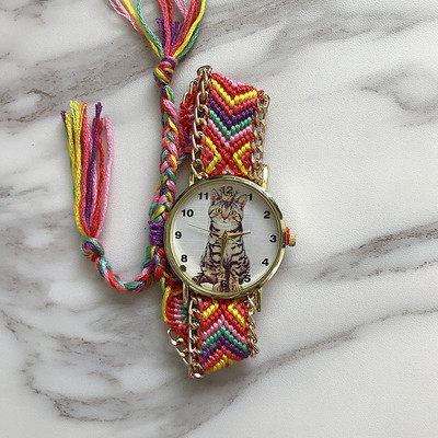 Ceas de dama cu curea impletita si aplicatie in mai multe culori