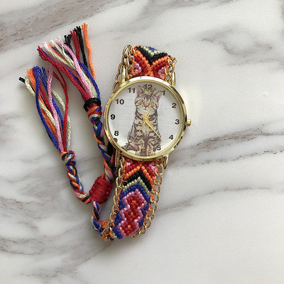 Ceas de dama cu curea impletita si aplicatie in mai multe culori