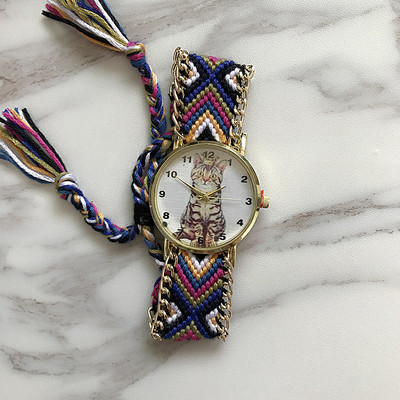Ceas de dama cu curea impletita si aplicatie in mai multe culori