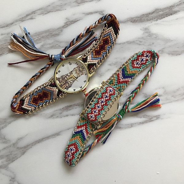 Ceas de dama cu curea impletita si aplicatie in mai multe culori