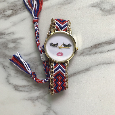Ceas de dama cu aplicatie si curea tricotata in mai multe culori