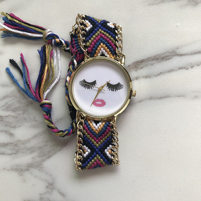 Ceas de dama cu aplicatie si curea tricotata in mai multe culori