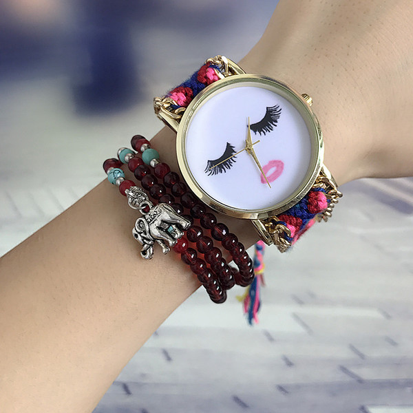 Ceas de dama cu aplicatie si curea tricotata in mai multe culori