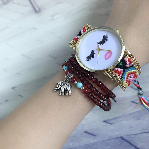 Ceas de dama cu aplicatie si curea tricotata in mai multe culori