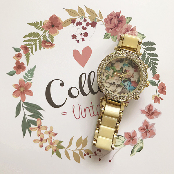 Ceas de damă elegant cu motive florale și pietre în negru și bej