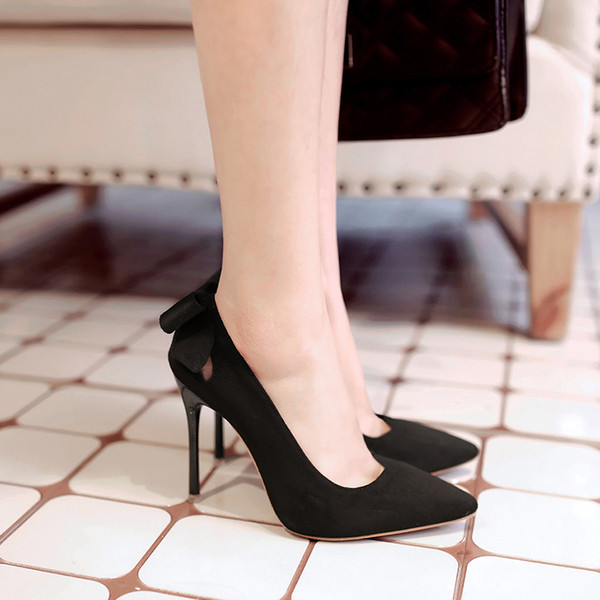 Pantofi moderni de dama din piele intoarsa cu toc inalt si panglica in mai multe culori