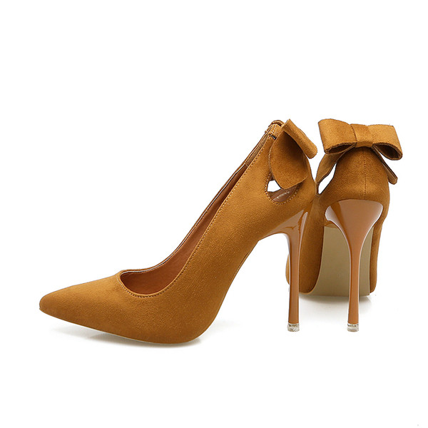 Pantofi moderni de dama din piele intoarsa cu toc inalt si panglica in mai multe culori