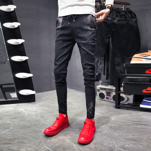 Blugi moderni pentru bărbați cu șireturi și inscripție