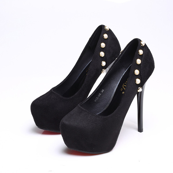 Pantofi moderni de dama din piele intoarsa cu toc inalt de culoare neagra