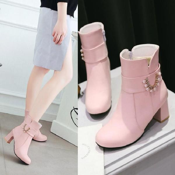 Cizme de dama elegante cu toc gros cu catarama