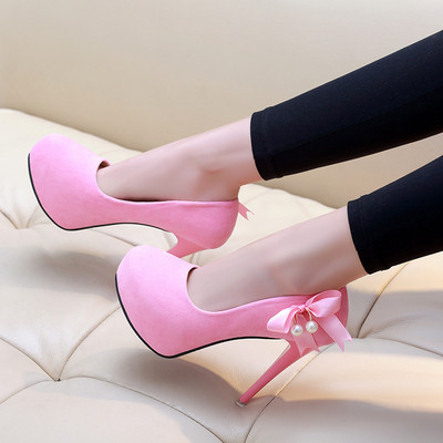 Pantofi moderni de dama din piele intoarsa cu toc inalt si element panglica in negru si roz