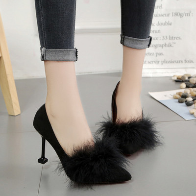 Pantofi de dama stilati model ascutit cu element de puf in mai multe culori