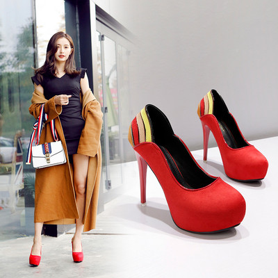 Pantofi moderni de dama din piele intoarsa cu toc inalt si element de culoare