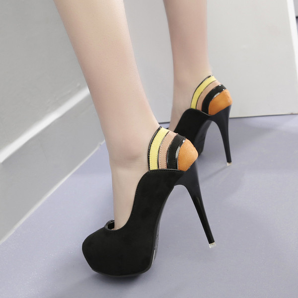 Pantofi moderni de dama din piele intoarsa cu toc inalt si element de culoare