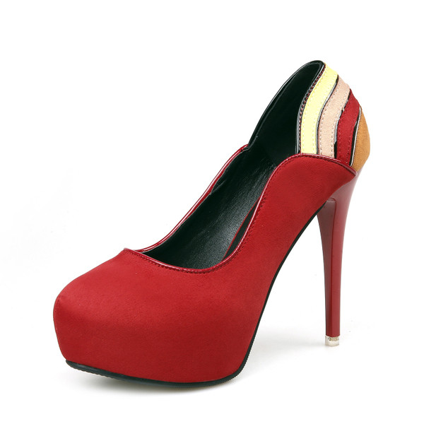 Pantofi moderni de dama din piele intoarsa cu toc inalt si element de culoare