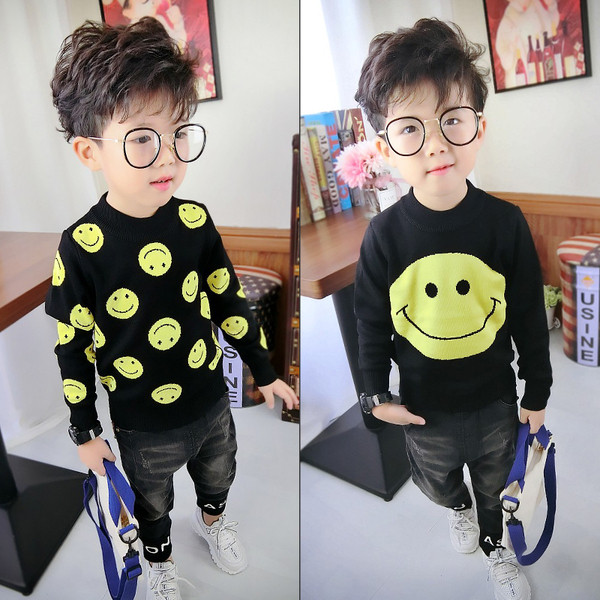 Pulover negru pentru copii cu zambete pentru baieti doua modele