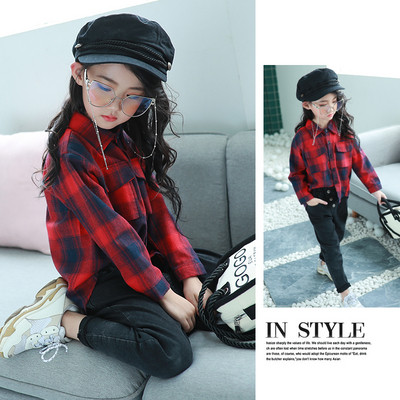 Cămașă pentru copii în carouri pentru fete în negru și roșu