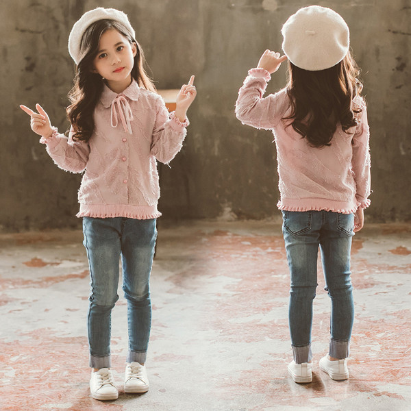 Παιδικό πουκάμισο για κορίτσια σε ροζ χρώμα με κορδέλα