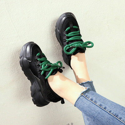 Adidasi casual dama cu talpa inalta in alb si negru