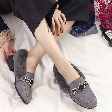 Mocasini casual de dama cu puf in maro, gri si negru