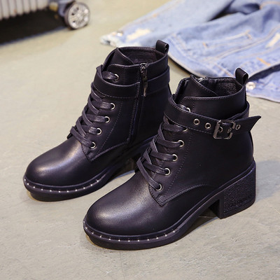 Ghete de dama moderne din piele ecologica cu sireturi si fermoar de culoare neagra