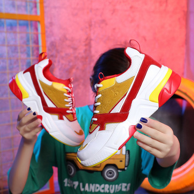 Дамски маратонки с висока подметка в червен и син цвят