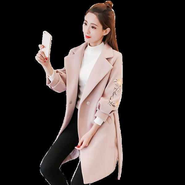 Стилно дамско палто с V-образна яка и цветна бродерия в няколко цвята 