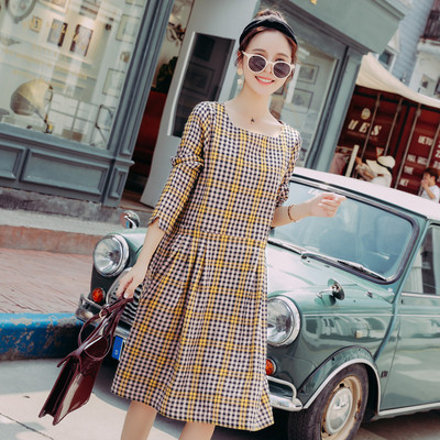 Rochie in carouri pentru gravide cu maneci lungi in doua culori