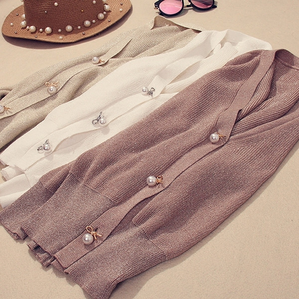 Актуална дамска жилетка с декоративни перли и V-образно деколте - няколко цвята