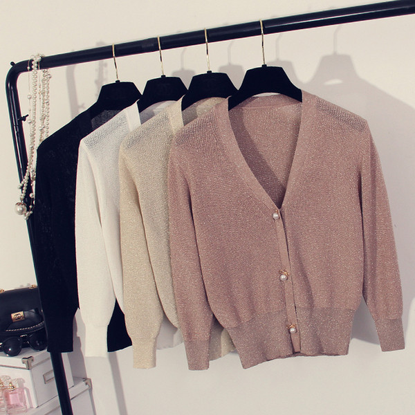 Актуална дамска жилетка с декоративни перли и V-образно деколте - няколко цвята