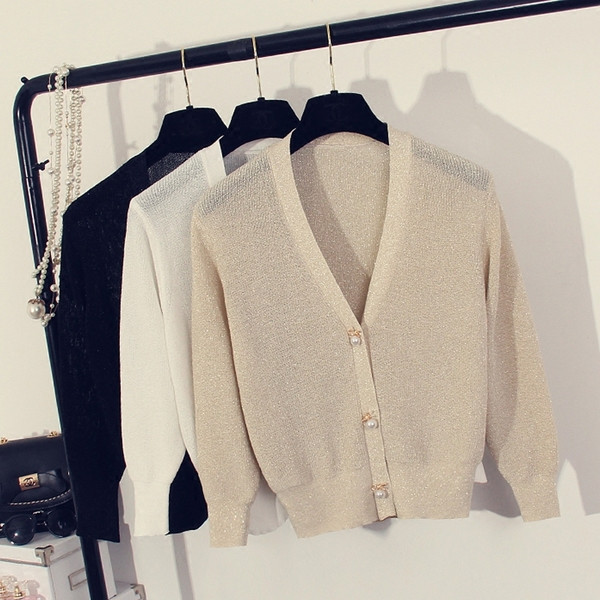 Актуална дамска жилетка с декоративни перли и V-образно деколте - няколко цвята