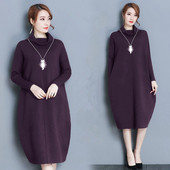 Rochie de iarna pentru gravide cu guler inalt si buzunare in mov