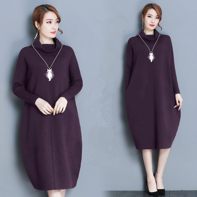 Rochie de iarna pentru gravide cu guler inalt si buzunare in mov