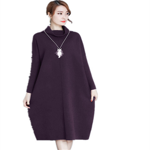 Rochie de iarna pentru gravide cu guler inalt si buzunare in mov