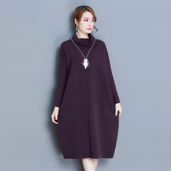 Rochie de iarna pentru gravide cu guler inalt si buzunare in mov