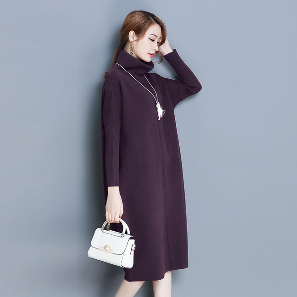 Rochie de iarna pentru gravide cu guler inalt si buzunare in mov