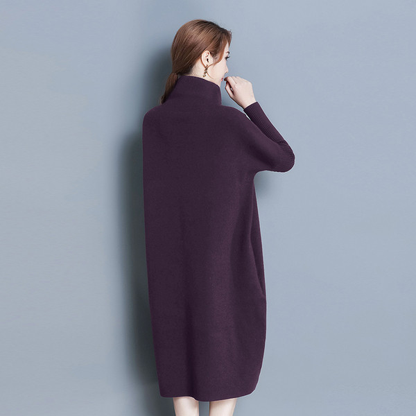 Rochie de iarna pentru gravide cu guler inalt si buzunare in mov